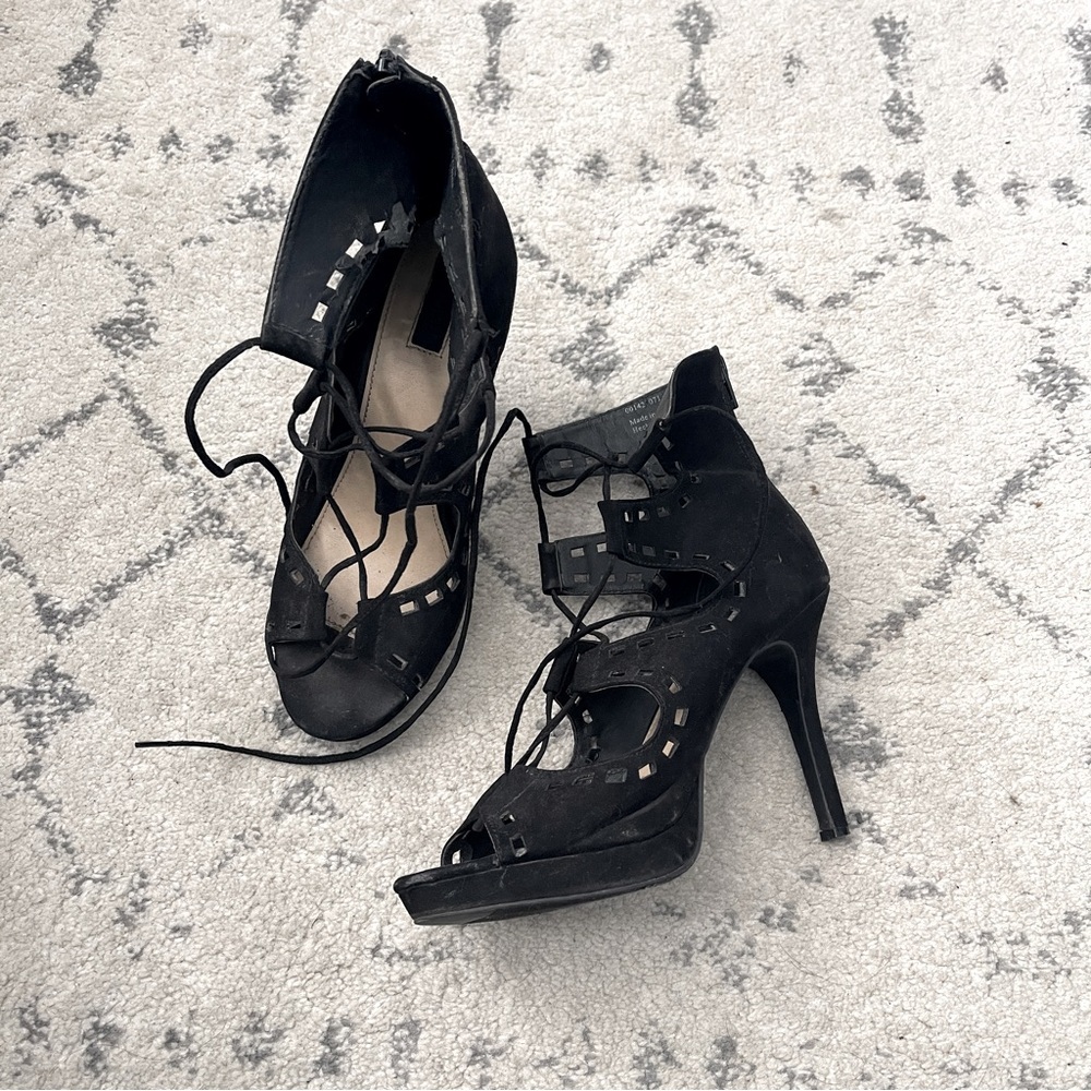 Chic Black Lace-Up Stiletto Heels 7.5